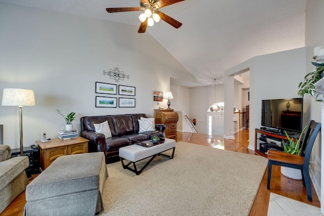 2510 Port Kembla Dr, Mount Juliet, TN 37122 - living room with high vaulted ceiling, ceiling fan, and light wood finished floors