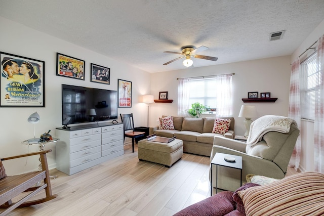 2510 Port Kembla Dr, Mount Juliet, TN 37122 - living area with a textured ceiling, ceiling fan, visible vents, and light wood-type flooring
