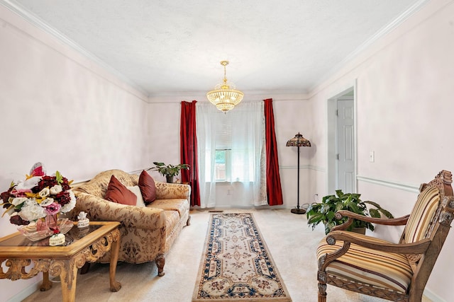 living room with crown molding, carpet floors, a textured ceiling, and a chandelier