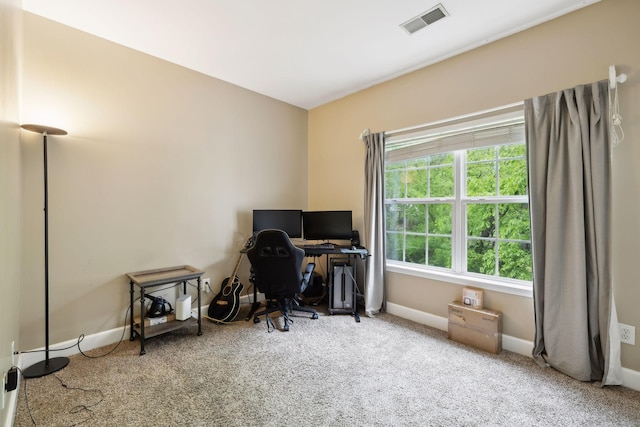 office featuring baseboards, carpet flooring, and visible vents