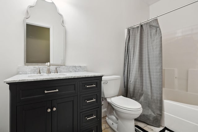 full bath with vanity, toilet, and shower / tub combo with curtain