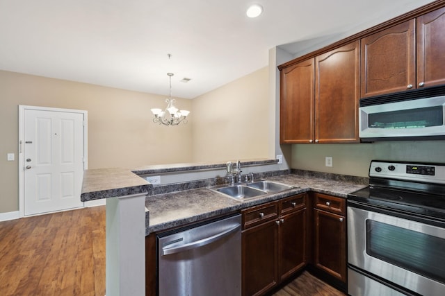 kitchen featuring a peninsula, dark countertops, dark wood-type flooring, a sink, and stainless steel appliances