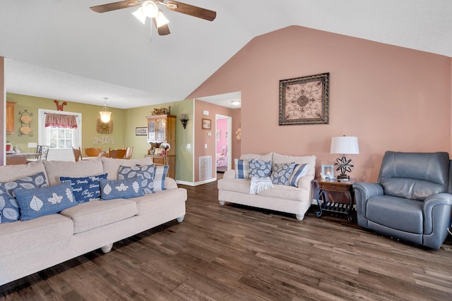 110 Broomsage Cir, Unionville, TN 37180 - living room featuring baseboards, dark wood-style flooring, ceiling fan, and high vaulted ceiling