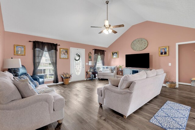 110 Broomsage Cir, Unionville, TN 37180 - living area with baseboards, ceiling fan, wood finished floors, and high vaulted ceiling