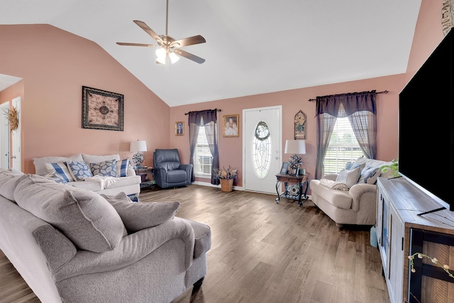 110 Broomsage Cir, Unionville, TN 37180 - living room with ceiling fan, wood finished floors, a wealth of natural light, and high vaulted ceiling