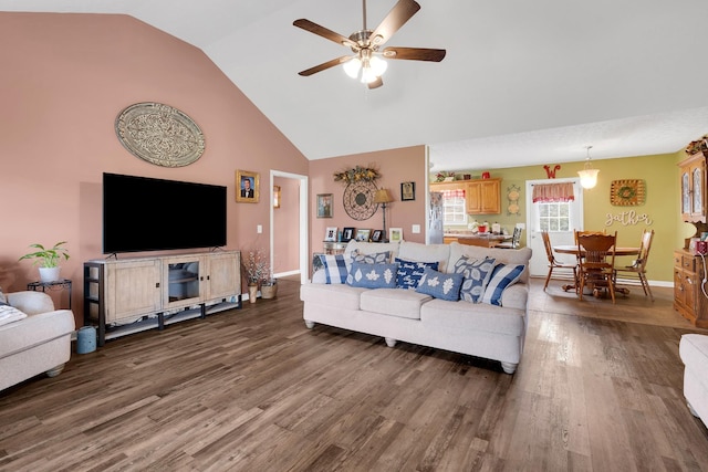 110 Broomsage Cir, Unionville, TN 37180 - living room with baseboards, ceiling fan, wood finished floors, and high vaulted ceiling