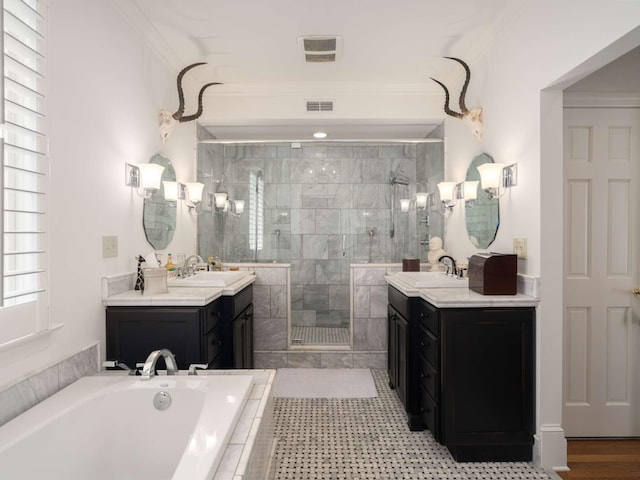305 Davidson Rd, Nashville, TN 37205 - full bathroom with a sink, crown molding, a shower stall, and a garden tub