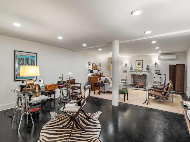 305 Davidson Rd, Nashville, TN 37205 - interior space featuring recessed lighting, a wall mounted air conditioner, baseboards, and a fireplace with raised hearth