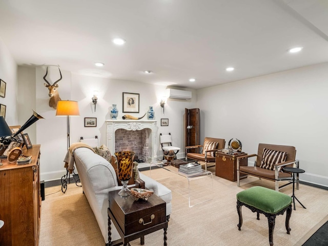 305 Davidson Rd, Nashville, TN 37205 - living room with baseboards, a fireplace, an AC wall unit, and recessed lighting
