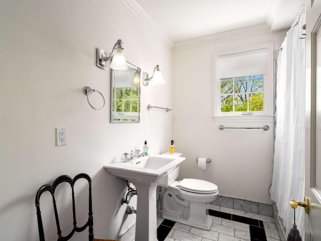 305 Davidson Rd, Nashville, TN 37205 - full bath featuring curtained shower, baseboards, toilet, marble finish floor, and ornamental molding