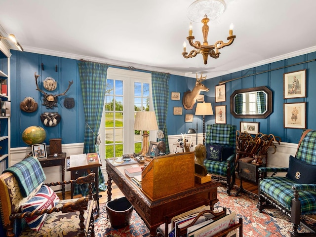 305 Davidson Rd, Nashville, TN 37205 - office with crown molding, wainscoting, a decorative wall, and an inviting chandelier