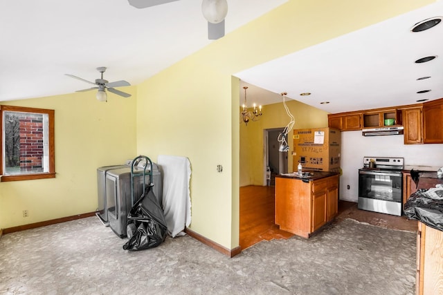 5506 Lickton Pike, Goodlettsville, TN 37072 - kitchen featuring dark countertops, stainless steel range with electric stovetop, brown cabinetry, ceiling fan with notable chandelier, and vaulted ceiling