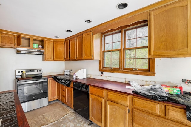 5506 Lickton Pike, Goodlettsville, TN 37072 - kitchen featuring stainless steel range with electric stovetop, dark countertops, under cabinet range hood, brown cabinets, and dishwasher