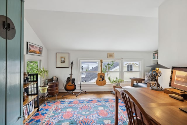 interior space featuring wood finished floors, a wealth of natural light, and vaulted ceiling