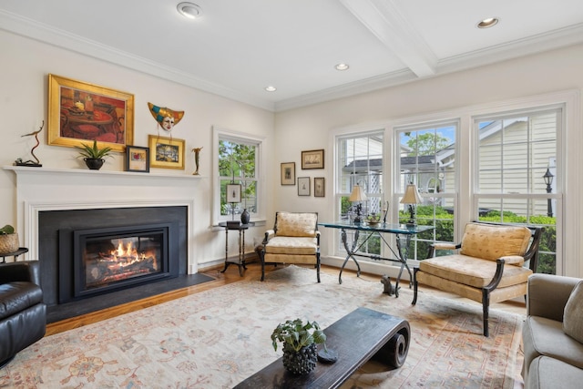 living area featuring plenty of natural light, a fireplace with flush hearth, crown molding, and wood finished floors