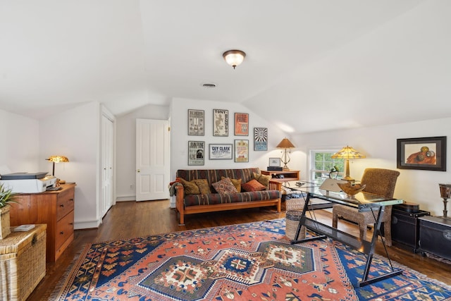 home office with wood finished floors and lofted ceiling