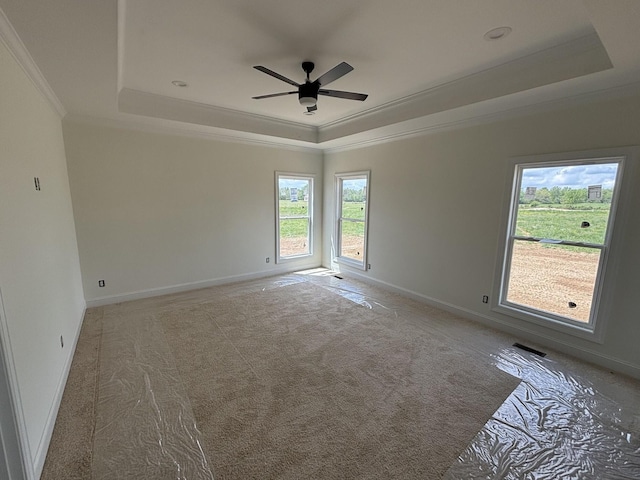 0 Short Mountain Rd, Woodbury, TN 37190 - spare room with light carpet, a ceiling fan, baseboards, a tray ceiling, and ornamental molding