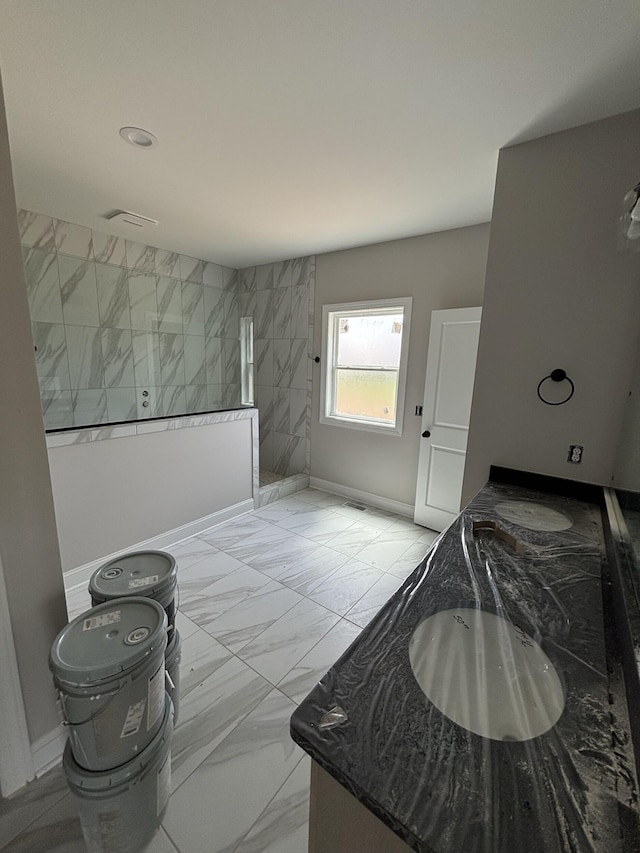 0 Short Mountain Rd, Woodbury, TN 37190 - bathroom with baseboards, walk in shower, marble finish floor, and vanity