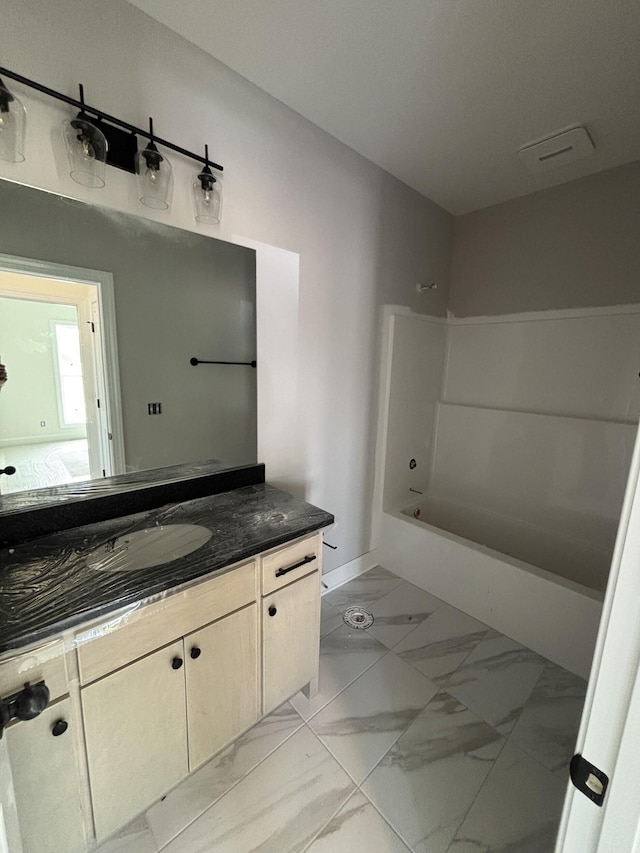 0 Short Mountain Rd, Woodbury, TN 37190 - bathroom featuring shower / tub combination, vanity, baseboards, marble finish floor, and ensuite bath
