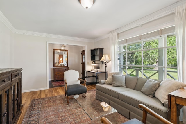 living area featuring baseboards, ornamental molding, and wood finished floors