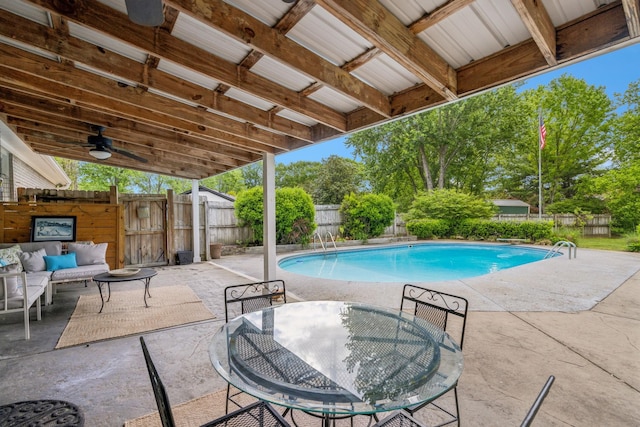 view of pool featuring a fenced in pool, a fenced backyard, and a patio area