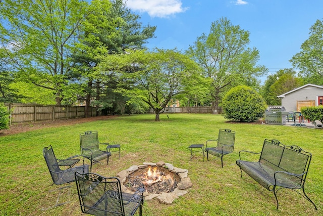 view of yard featuring a fenced backyard and an outdoor fire pit
