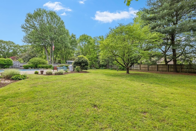 view of yard with a fenced in pool and a fenced backyard