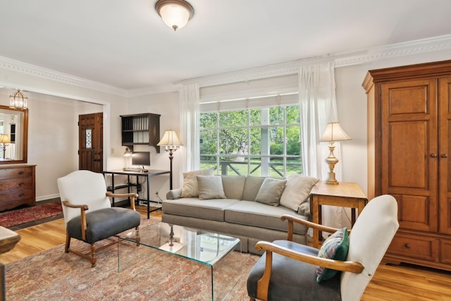 living room featuring crown molding and light wood-style flooring