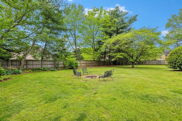 view of yard with a fire pit and a fenced backyard