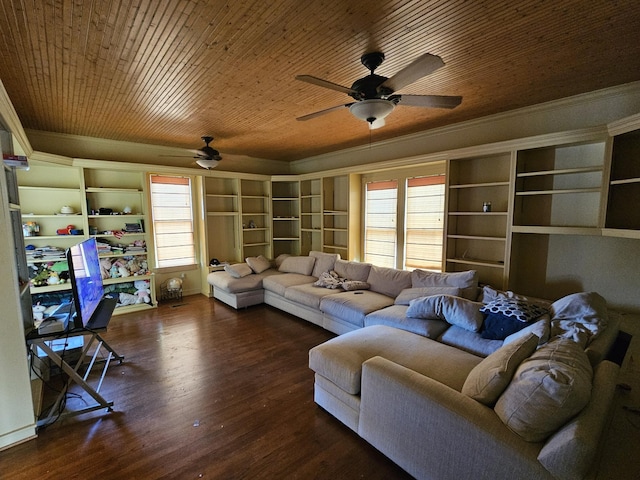 living room featuring wood ceiling, ceiling fan, ornamental molding, and wood finished floors