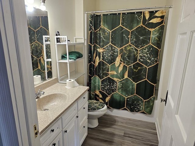 202 W Main St, Decherd, TN 37324 - bathroom with wood finished floors, vanity, a shower with curtain, and toilet