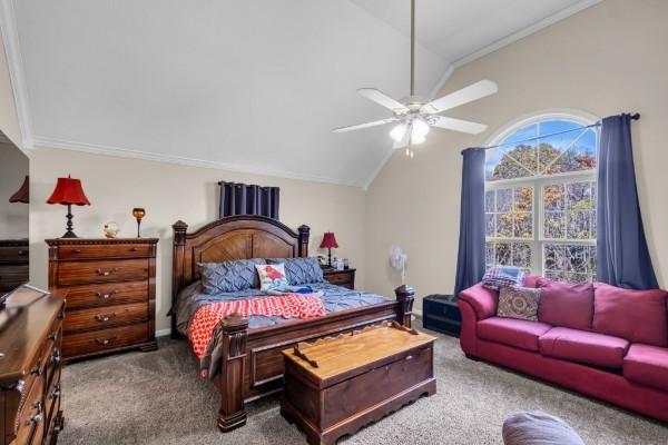 carpeted bedroom with ornamental molding, ceiling fan, and lofted ceiling