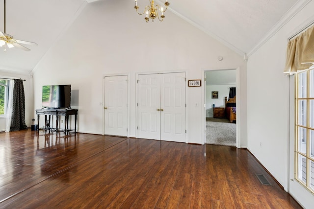 141 Crestview Dr, Lewisburg, TN 37091 - entrance foyer with high vaulted ceiling, a chandelier, ceiling fan, wood finished floors, and crown molding