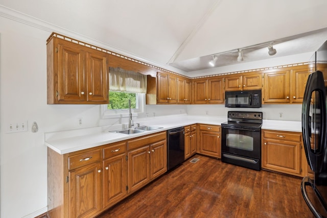 141 Crestview Dr, Lewisburg, TN 37091 - kitchen featuring black appliances, a sink, dark wood-style flooring, brown cabinets, and light countertops