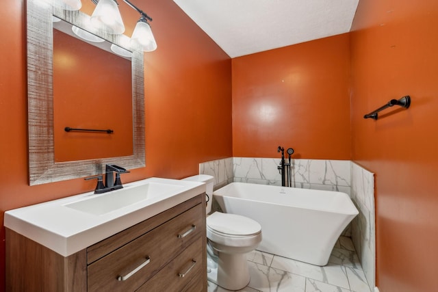 141 Crestview Dr, Lewisburg, TN 37091 - full bath featuring marble finish flooring, a freestanding bath, vanity, toilet, and wainscoting