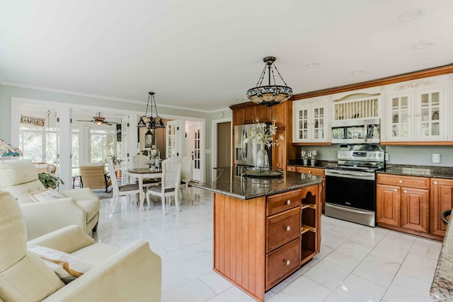 kitchen featuring crown molding, open shelves, marble finish floor, dark stone countertops, and stainless steel appliances