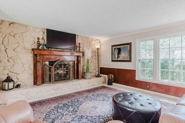 carpeted living room featuring a textured ceiling, wood walls, wainscoting, and a fireplace