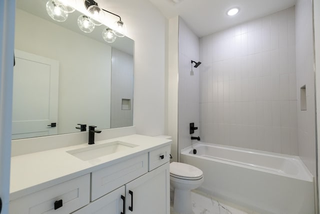 4060 Penfield Dr Unit E, Franklin, TN 37069 - bathroom with washtub / shower combination, vanity, toilet, marble finish floor, and recessed lighting
