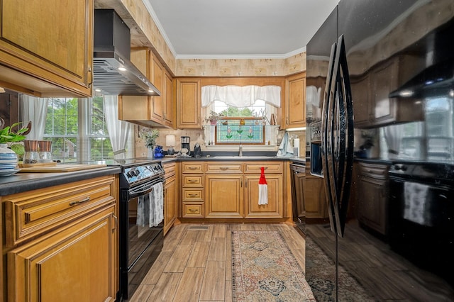 533 Mckaig Rd, Murfreesboro, TN 37127 - kitchen with crown molding, dark countertops, wall chimney exhaust hood, black appliances, and light wood-style flooring