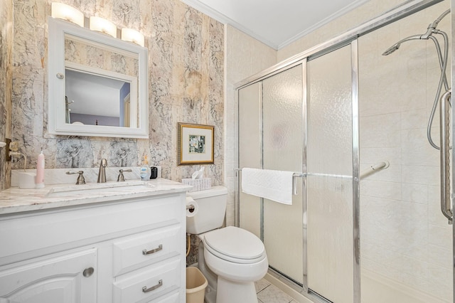 533 Mckaig Rd, Murfreesboro, TN 37127 - full bathroom featuring crown molding, tile patterned flooring, vanity, toilet, and a stall shower