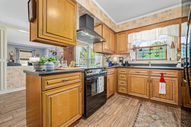 533 Mckaig Rd, Murfreesboro, TN 37127 - kitchen featuring wall chimney range hood, dark countertops, plenty of natural light, black electric range, and wood tiled floor