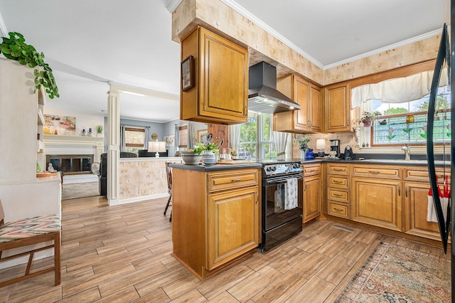 533 Mckaig Rd, Murfreesboro, TN 37127 - kitchen with dark countertops, black / electric stove, wall chimney range hood, and a healthy amount of sunlight