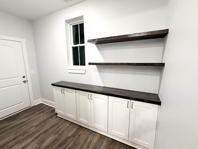 mudroom featuring baseboards and dark wood-type flooring