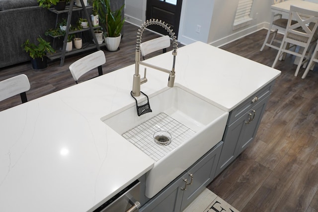 interior details featuring gray cabinetry, light countertops, dark wood-style flooring, and a sink