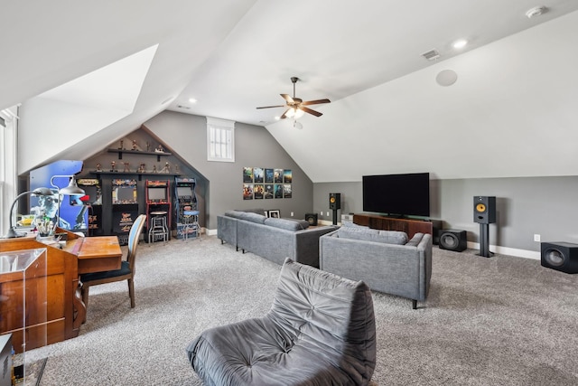 carpeted living room with visible vents, a ceiling fan, baseboards, and lofted ceiling