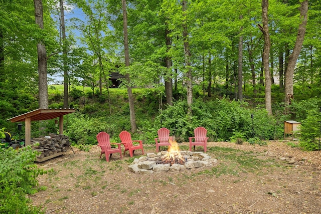 view of yard featuring an outdoor fire pit