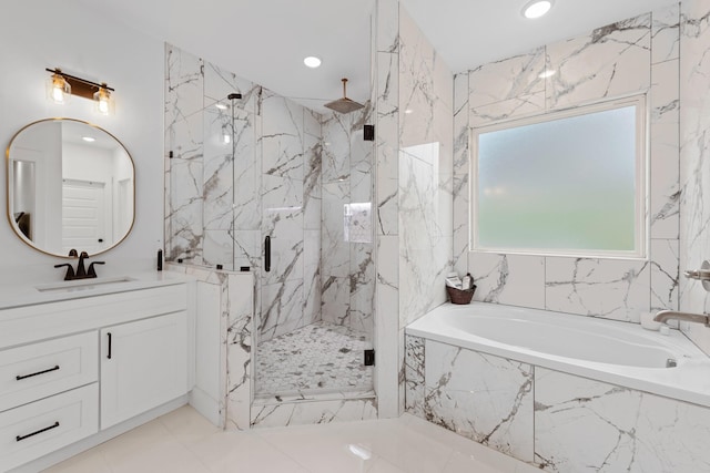 full bathroom with vanity, a marble finish shower, a garden tub, and recessed lighting