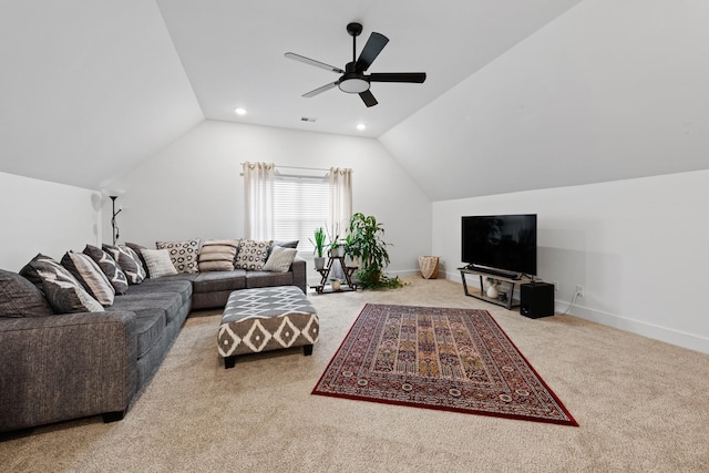 living room with visible vents, carpet, a ceiling fan, baseboards, and vaulted ceiling
