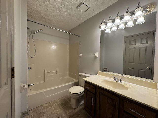 bathroom with washtub / shower combination, vanity, toilet, a textured ceiling, and visible vents