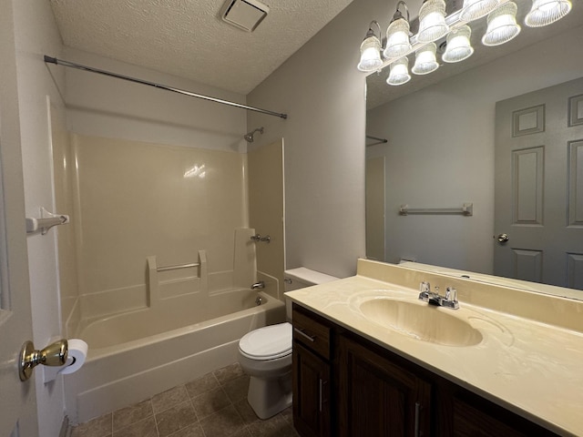 bathroom with a textured ceiling, visible vents, vanity, toilet, and tub / shower combination